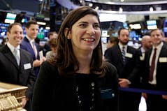 Photo by Richard Drew/AP/REX/Shutterstock (9689386b) Stacey Cunningham, the current New York Stock Exchange COO, who will become the exchange's 67th president, visits the floor of the NYSE, . Cunningham will become the first female leader in the history of the 226-year-old exchange NYSE First Female Leader, New York, USA - 22 May 2018