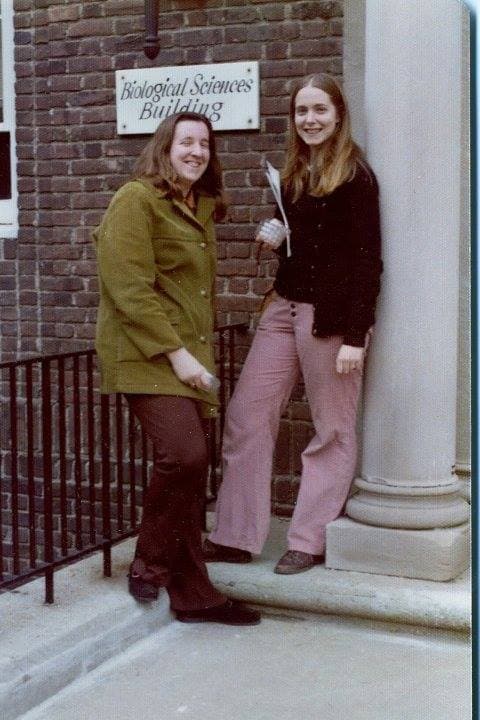  Robin (right) with a visiting friend, Karen, (left) in 1975 during Grad School at Rutgers Douglas College Biological Sciences Building 